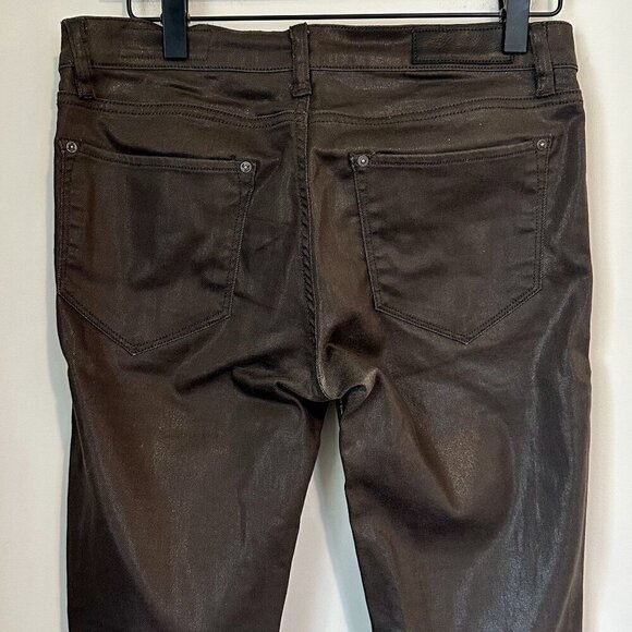 AllSaints Spitalfields Chocolate Brown Wax Coated Zipper Skinny Jeans - Size 27 - Picture 7 of 9